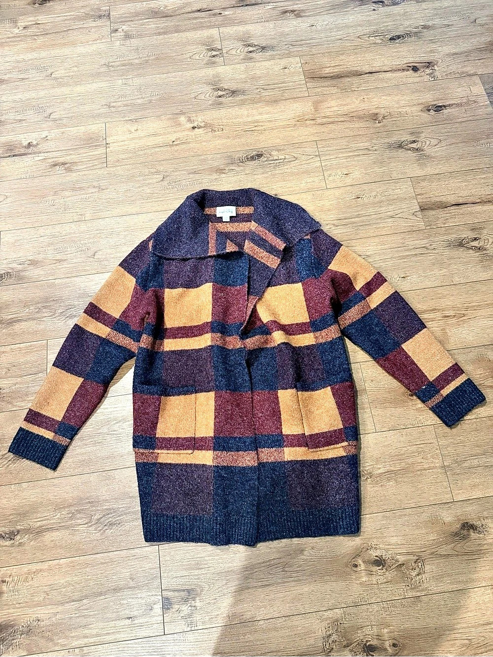 Joseph Ribkoff Plaid Wool Cardigan in Plum, Mustard & Burgundy Size XL (16) Like
